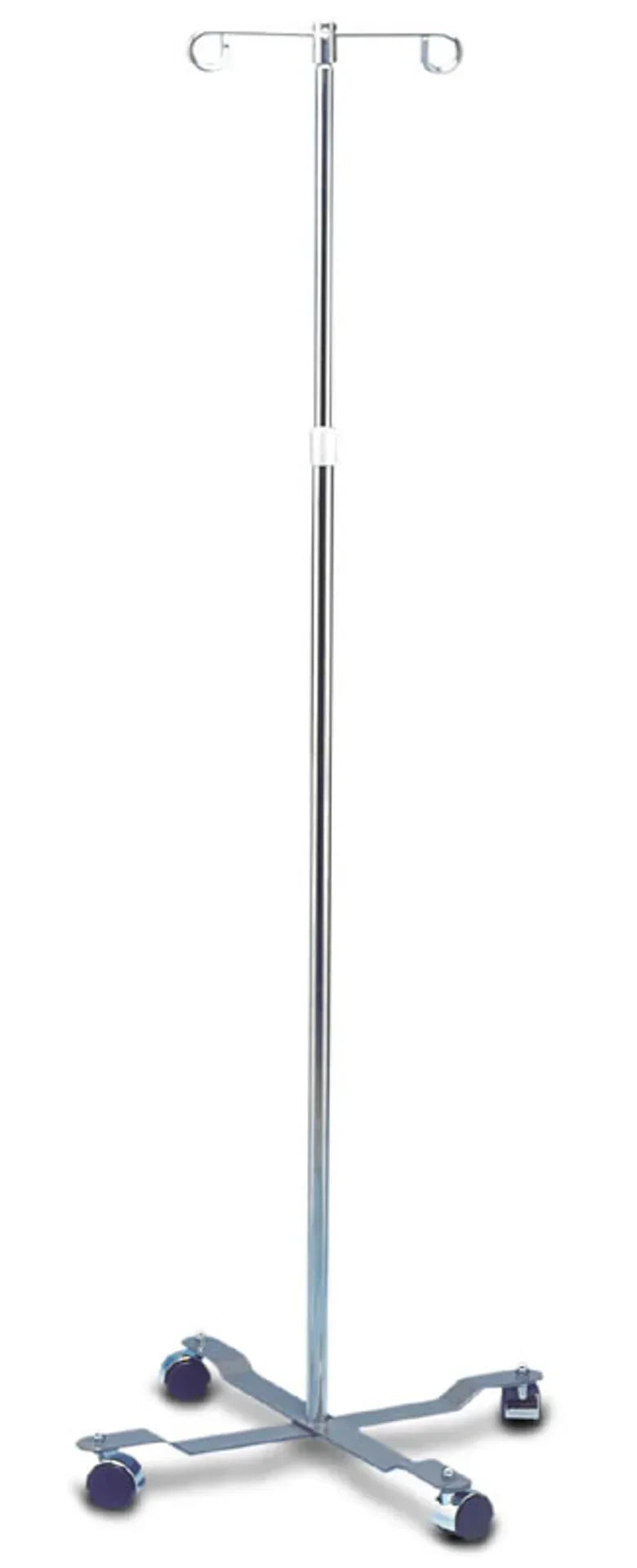 Stainless steel IV pole with four caster wheels and two hooks for medical use