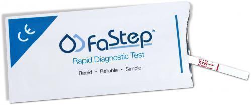 FaStep rapid diagnostic test kit with test strip partially exposed, medical supplies