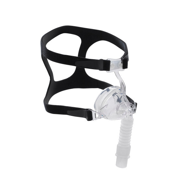 Clear CPAP mask with black headgear and tubing for respiratory therapy