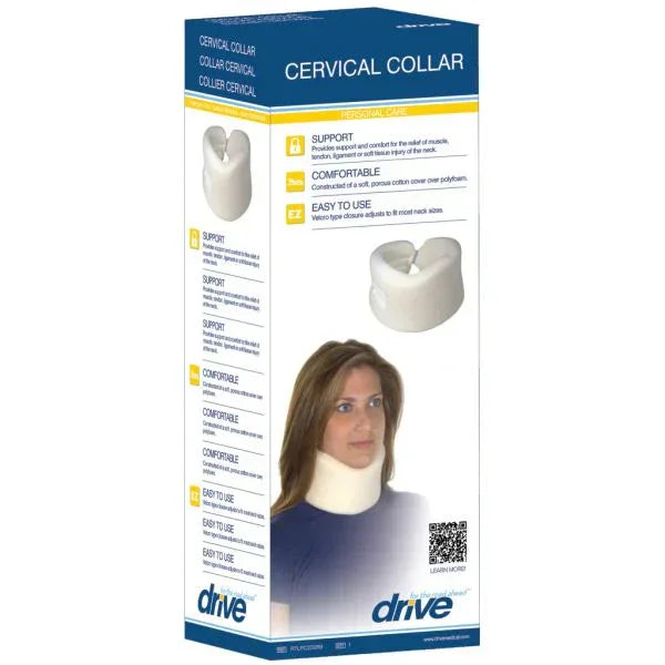 Cervical collar medical neck support product box with features and image of woman wearing collar