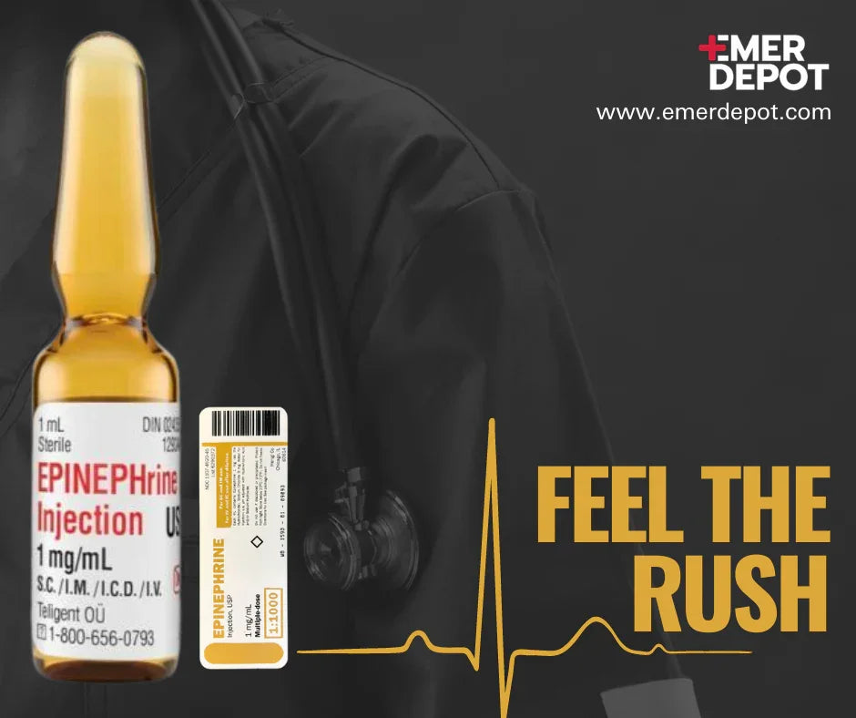 Epinephrine injection ampoule and label with stethoscope and heartbeat line graphic, emergency medical supplies.