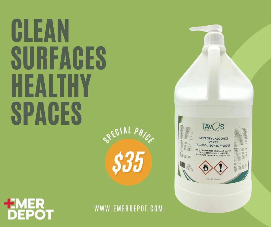 Isopropyl alcohol 99.99% disinfectant gallon bottle with pump, special price $35, clean surfaces message