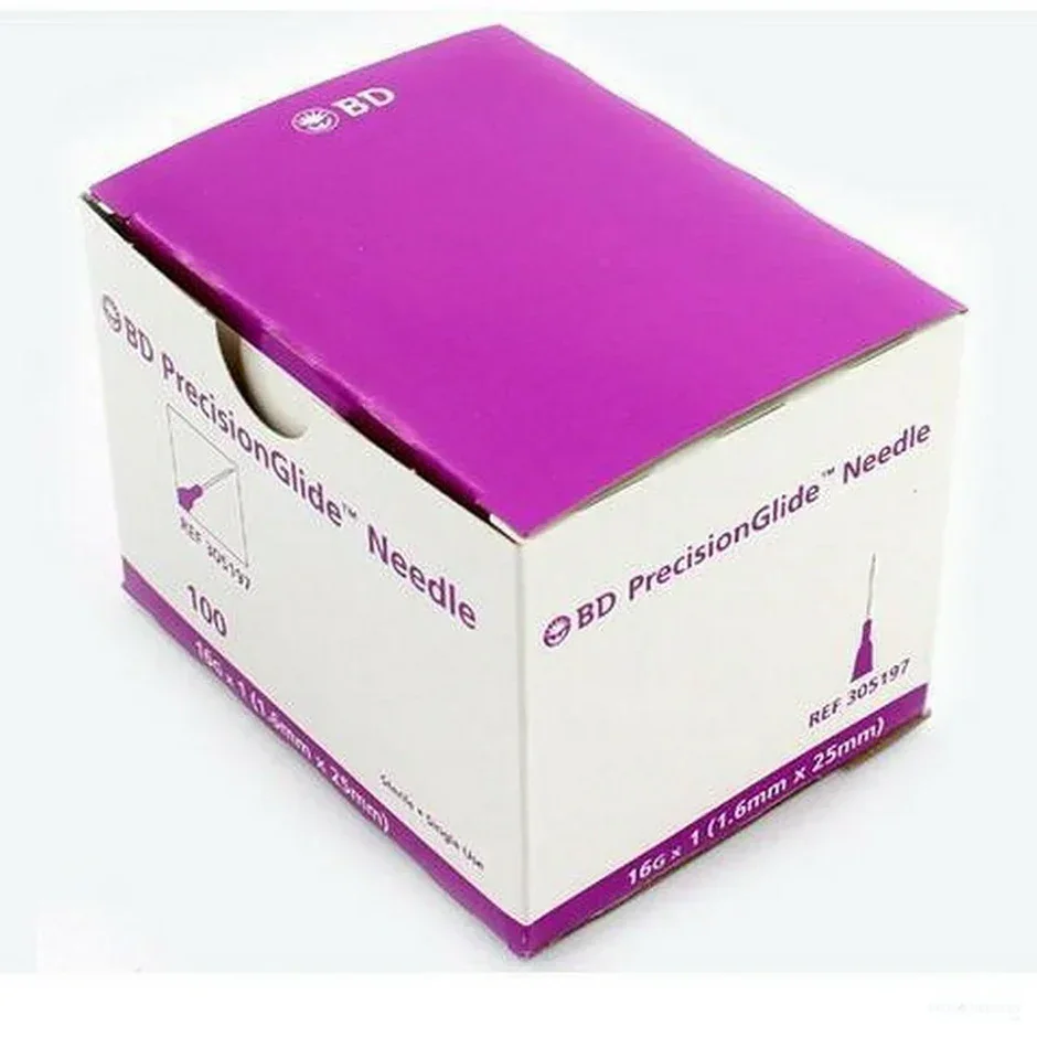 Box of BD PrecisionGlide hypodermic needles, 16G x 1 inch, medical supply packaging