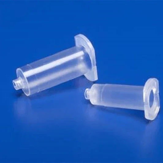 Two clear plastic medical syringes without needles on blue background