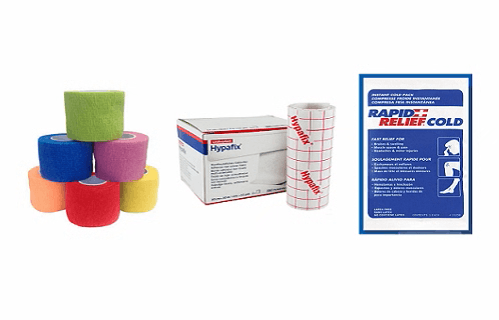 Colorful adhesive bandage rolls, medical adhesive tape, and a cold pack for wound care.