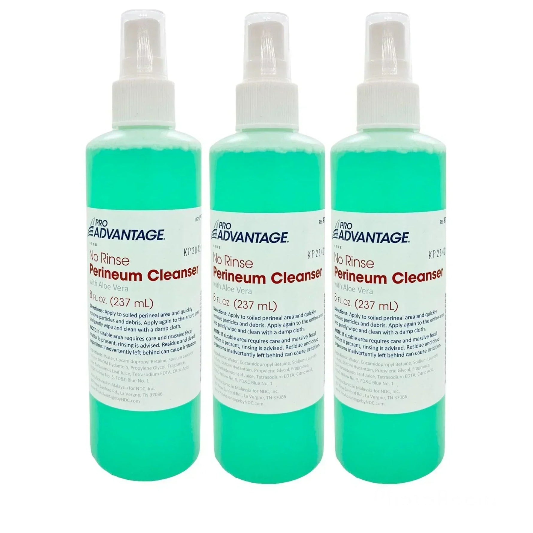 Three bottles of Pro Advantage no rinse perineum cleanser with aloe vera, 237ml each