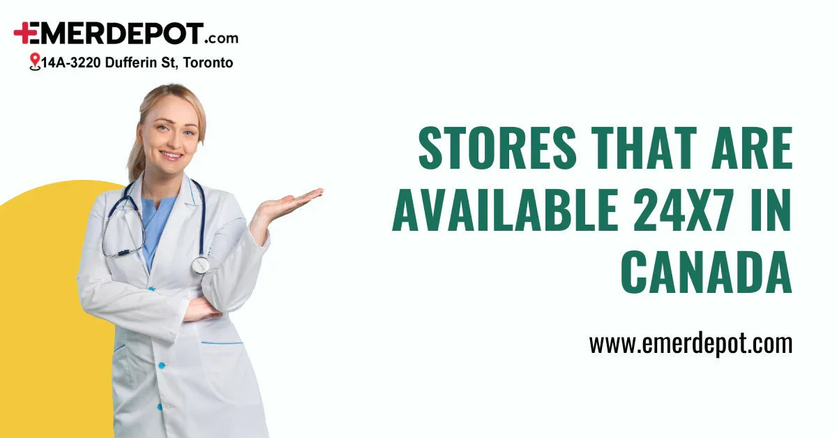 Female healthcare professional with stethoscope promoting 24x7 medical supply stores in Canada