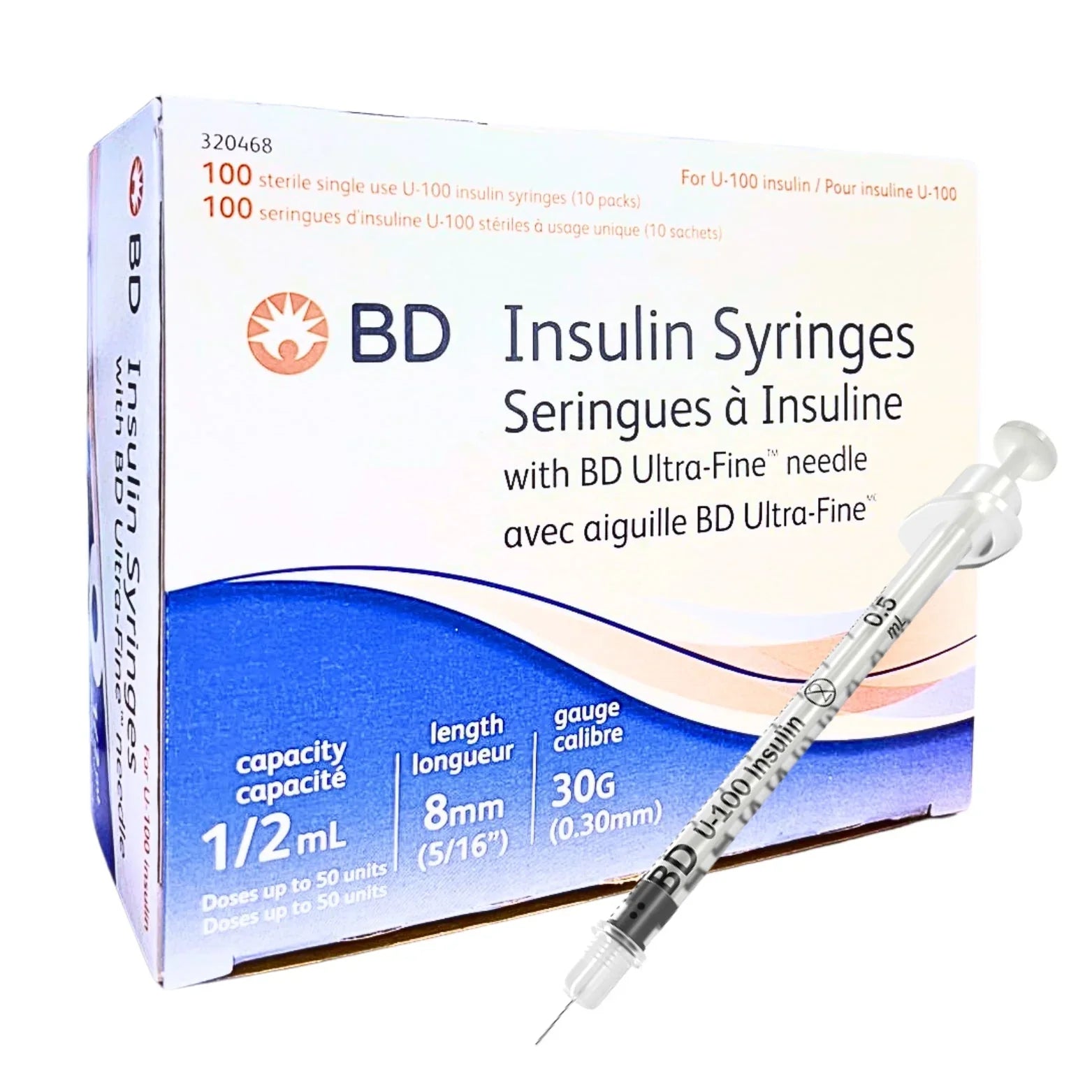 BD insulin syringes 1/2 mL with Ultra-Fine needle, box of 100, 8mm 30G needle