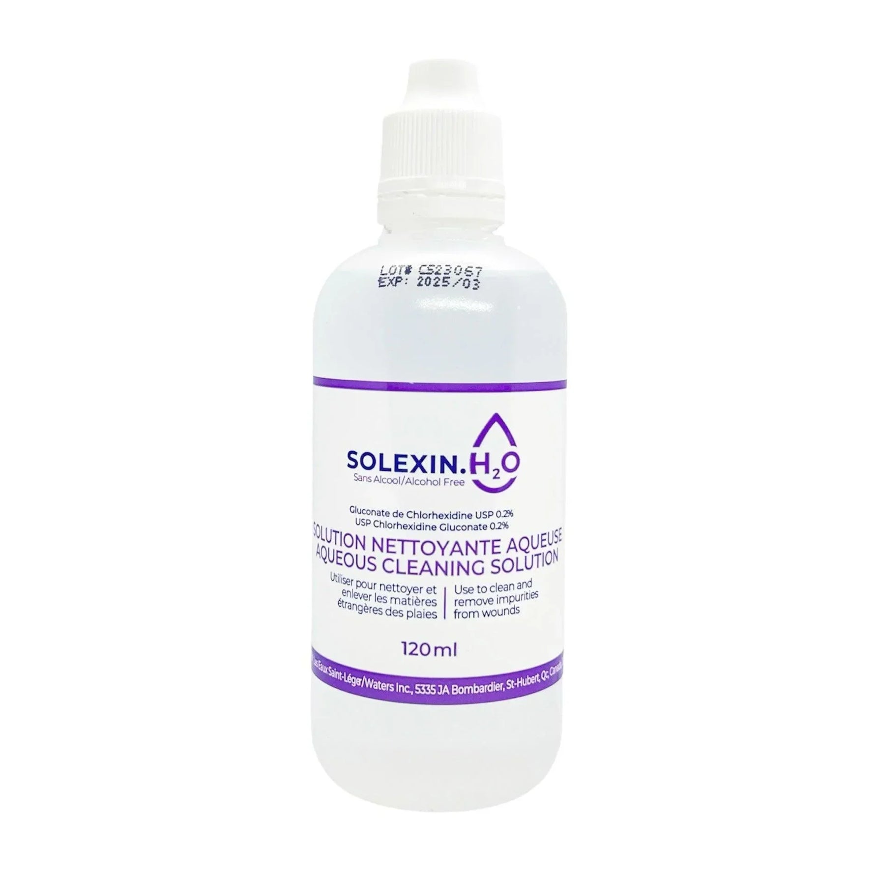Solexin H2O 120ml aqueous cleaning solution bottle for wound care and medical cleansing