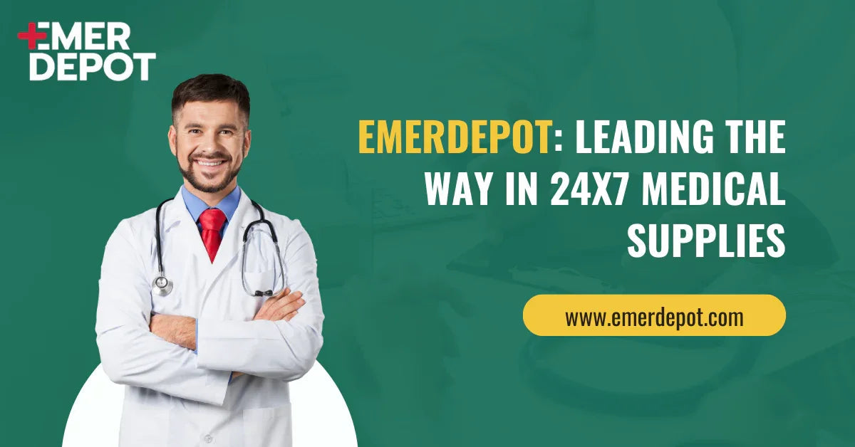 Smiling doctor with stethoscope promotes 24x7 medical supplies and home care supplies online.