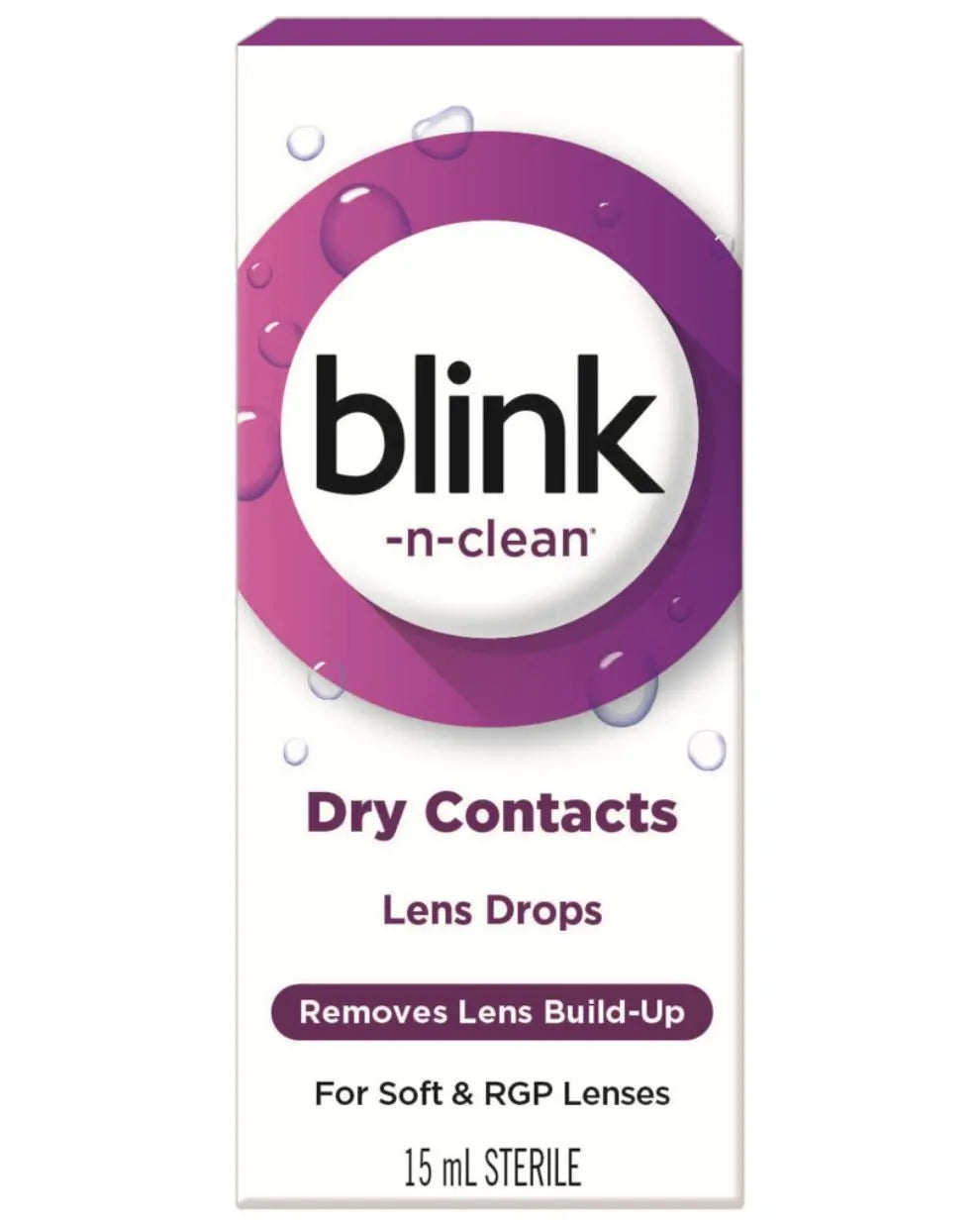 Blink-N-Clean dry contact lens drops box for soft and RGP lenses, 15 mL sterile