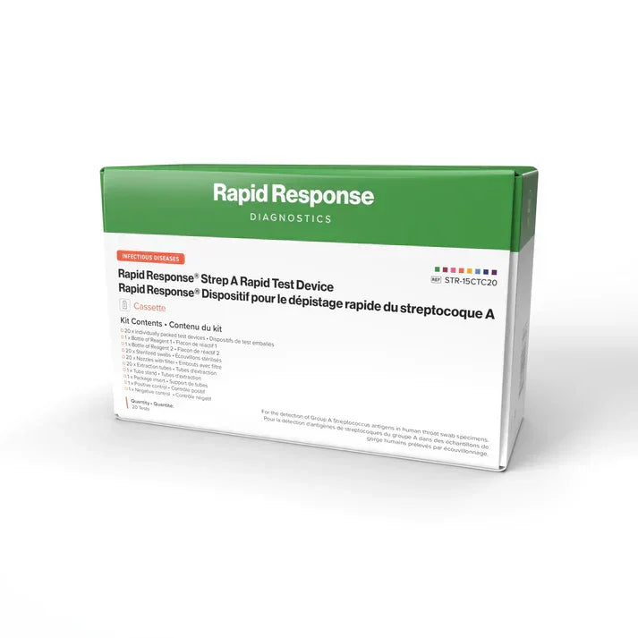 Rapid Response Strep A rapid test device box for streptococcus throat infection detection