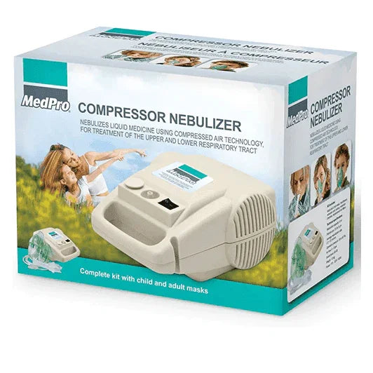 MedPro compressor nebulizer kit box with adult and child masks for respiratory therapy