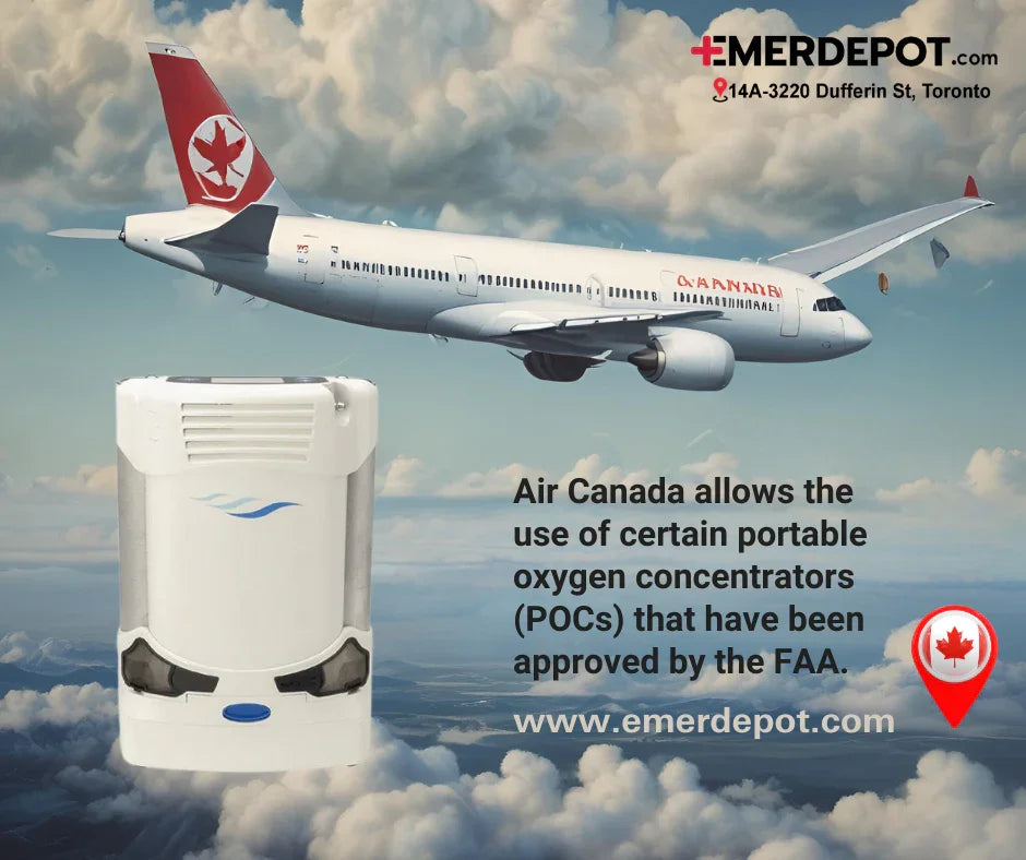 Air Canada airplane in flight, portable oxygen concentrator approved for travel in foreground, and text about FAA approval.