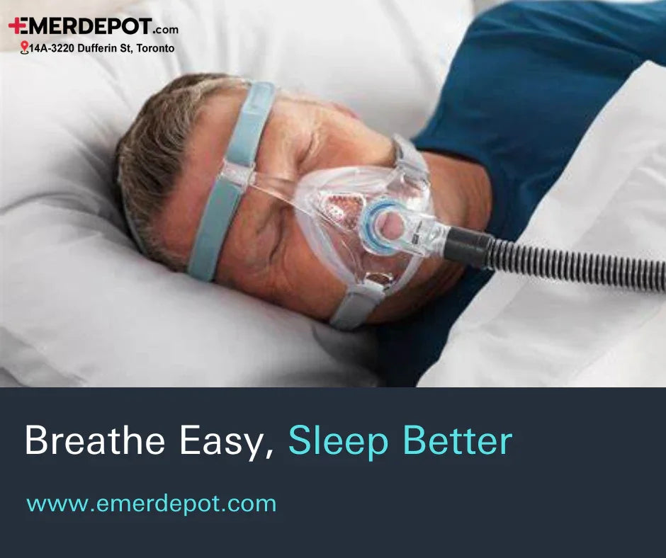 Man sleeping in bed wearing a CPAP mask for sleep apnea and respiratory therapy
