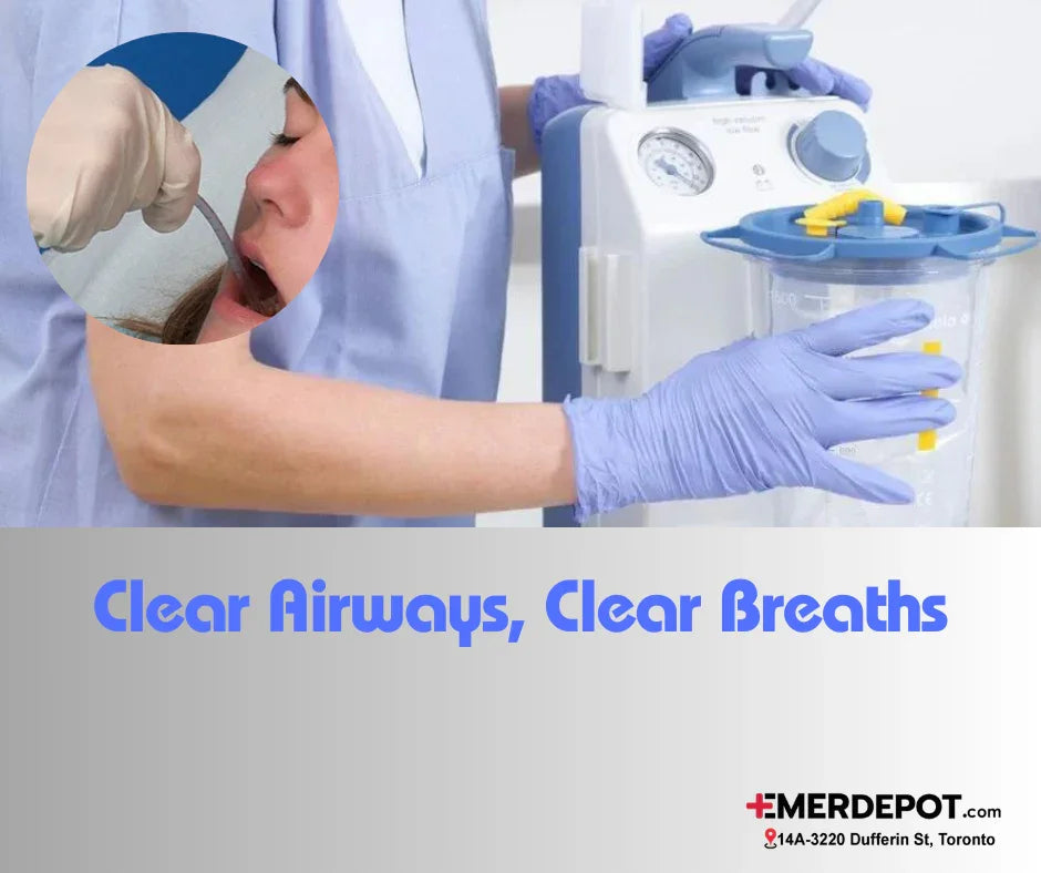 Healthcare worker using a medical suction machine for airway clearance, respiratory care