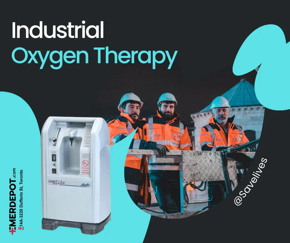 Three construction workers in safety gear next to an oxygen concentrator, industrial setting.
