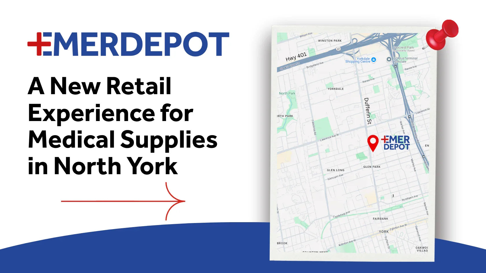 Banner showing new medical supplies retail store in North York with map location.