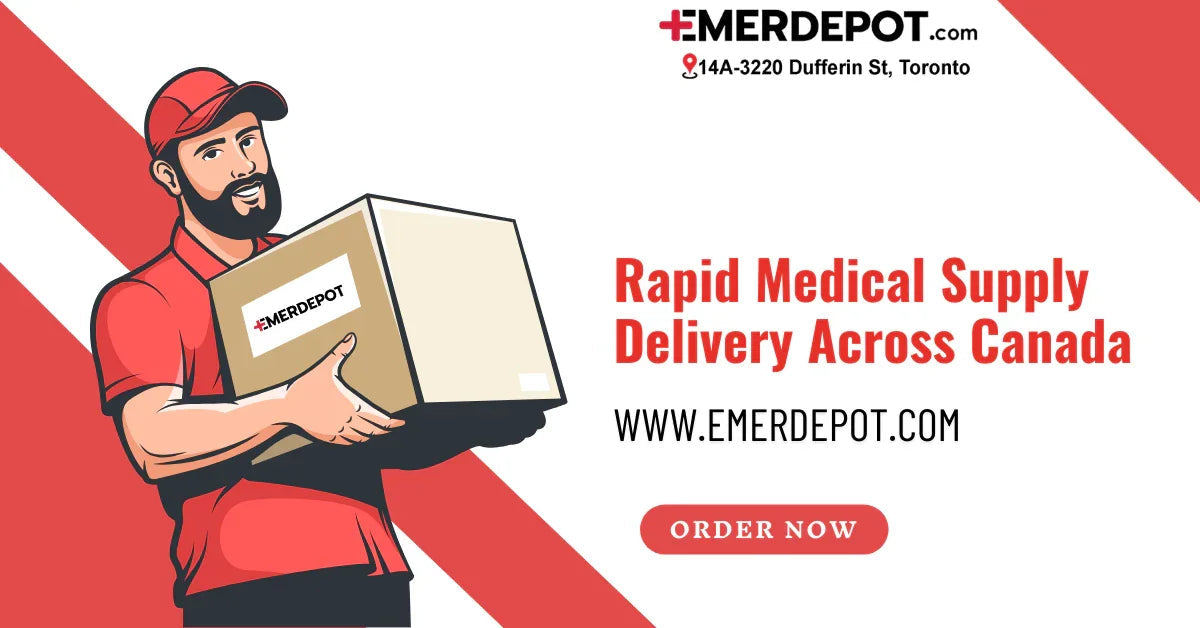 Illustration of delivery person holding box, promoting fast medical supply delivery in Canada