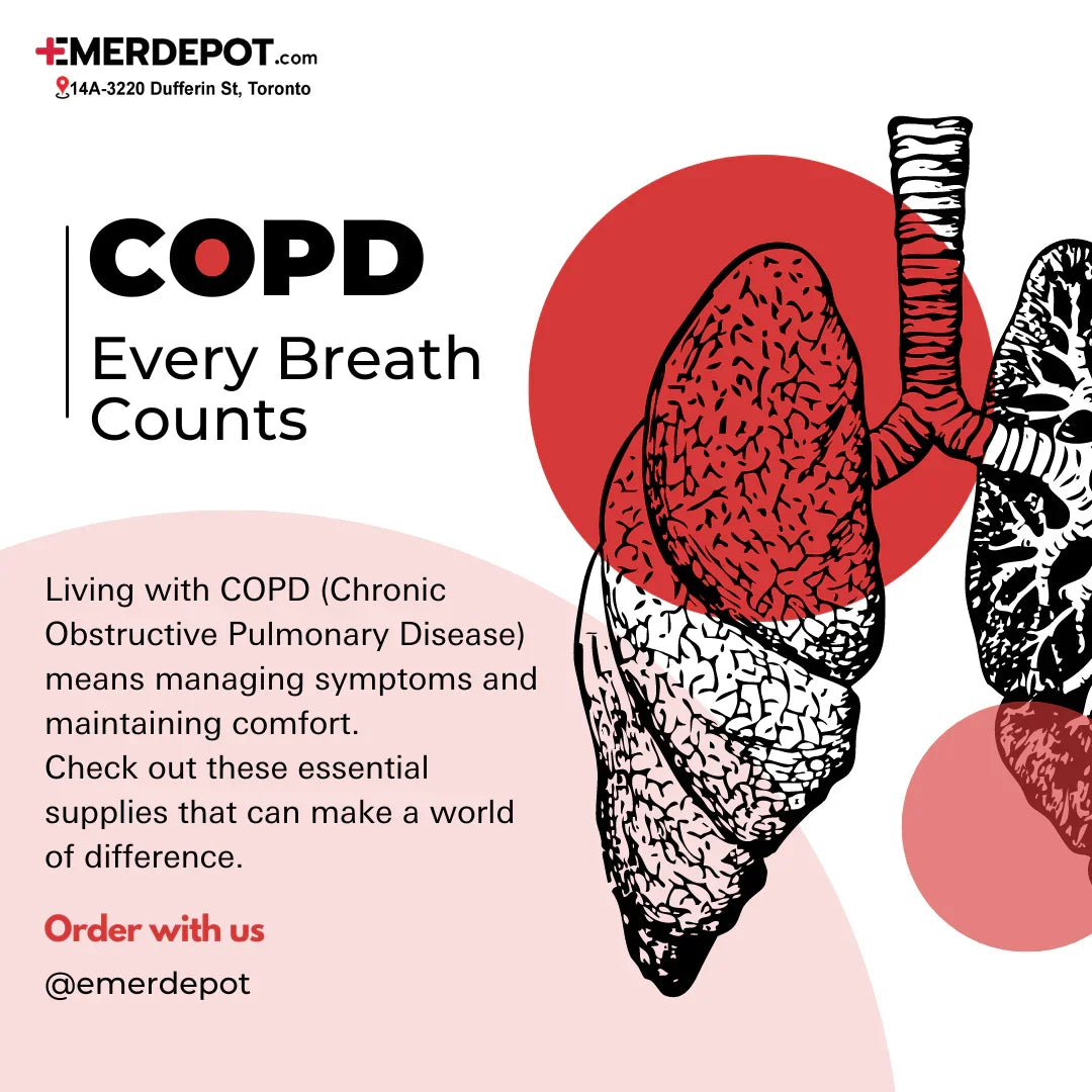 COPD awareness graphic with illustrated lungs, text about respiratory supplies, and contact info.
