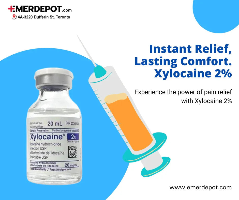 Xylocaine 2% vial and illustrated syringe for pain relief, local anesthetic medication