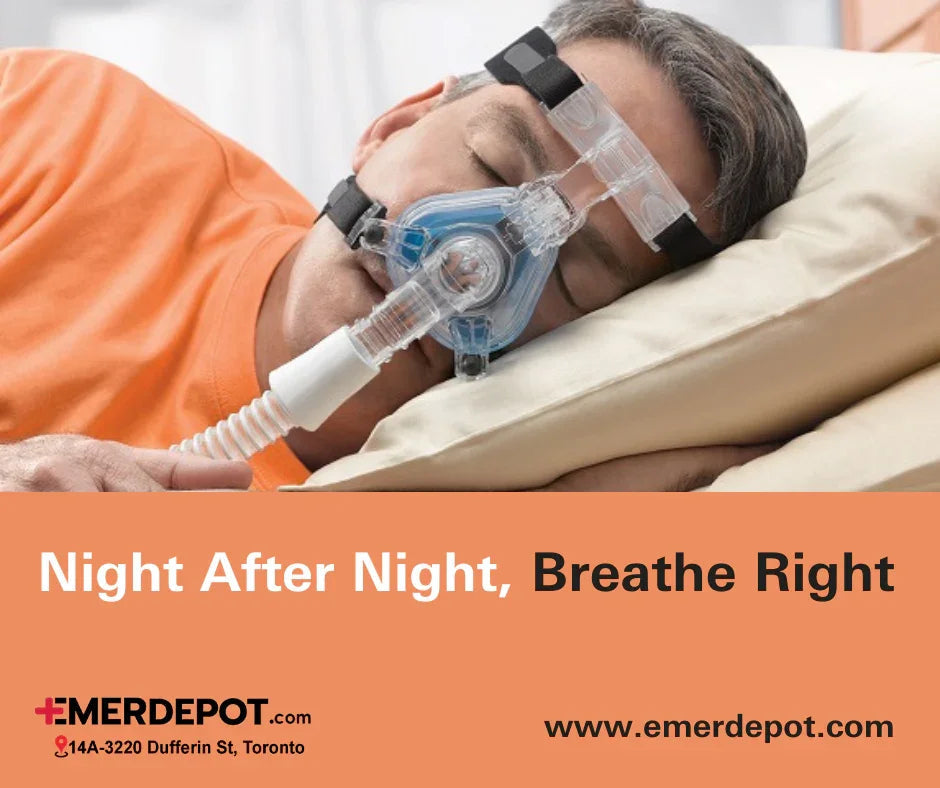 Man sleeping with CPAP mask for sleep apnea, CPAP therapy, respiratory medical supplies