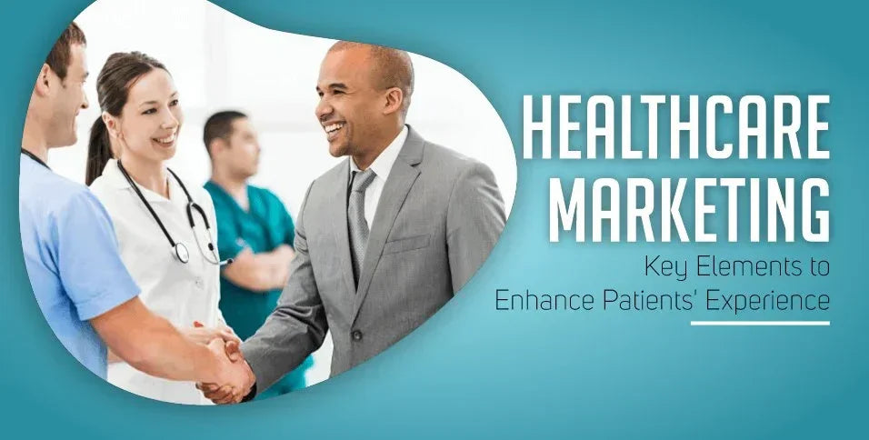 Healthcare marketing concept with doctors and business professional shaking hands, smiling, teamwork.