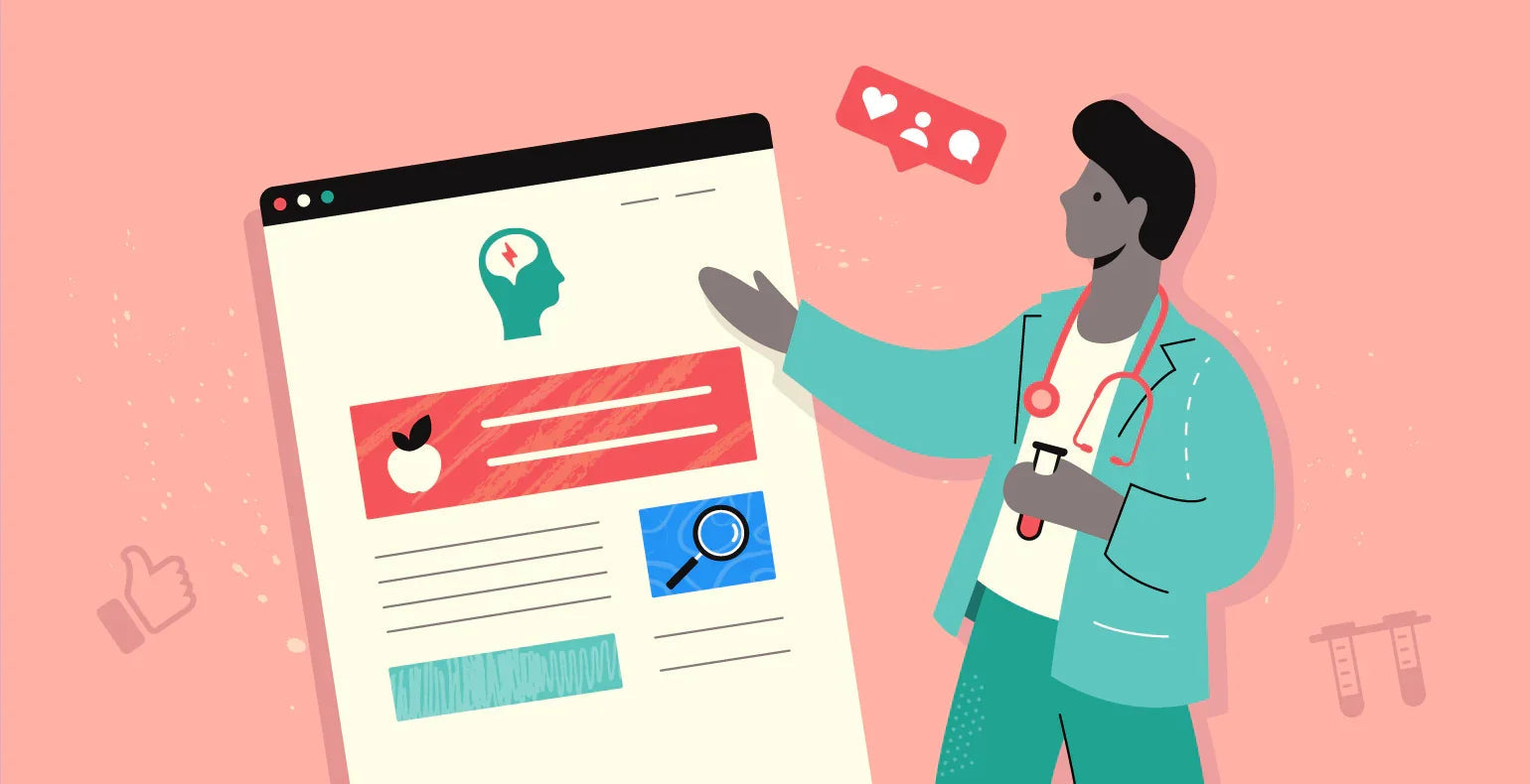 Illustration of a doctor in medical coat presenting healthcare strategy chart with icons representing wellness, search, and diagnostics on a pink background.