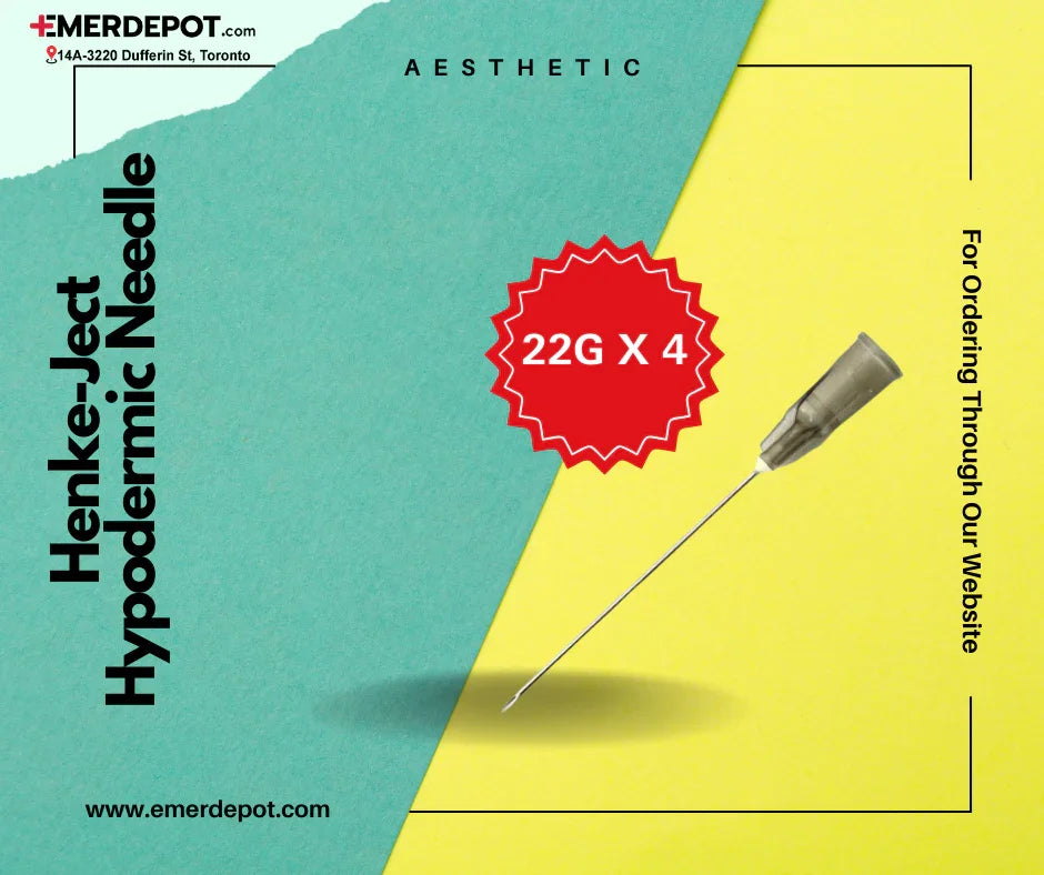 Henke-Ject hypodermic needle 22G x 4 on turquoise and yellow background