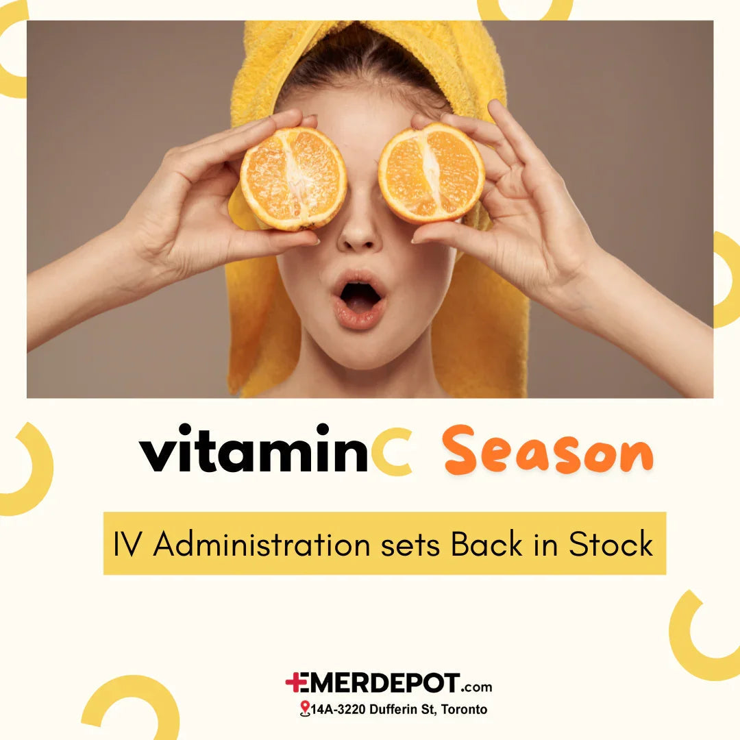 Woman with towel on head holding orange halves over eyes, promoting IV administration sets back in stock.