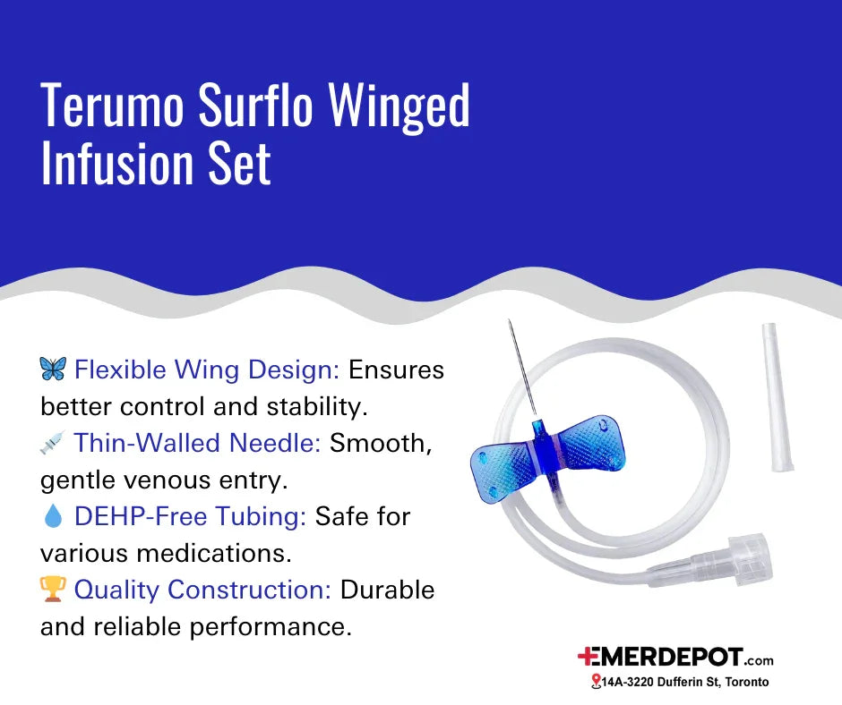 Terumo Surflo winged infusion set with flexible wings, thin-walled needle, and DEHP-free tubing.