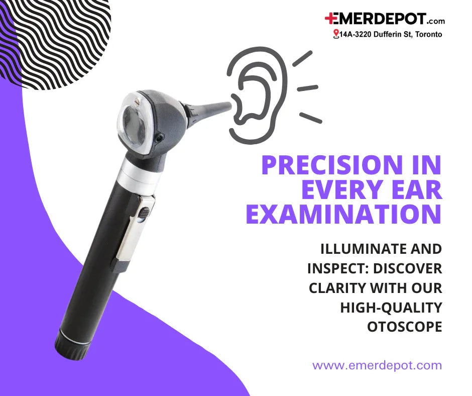 High-quality otoscope for ear examination with modern medical design and ear illustration.