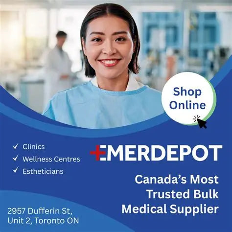 Medical professional in scrubs smiling, promoting online shopping for clinics, wellness centers, and estheticians