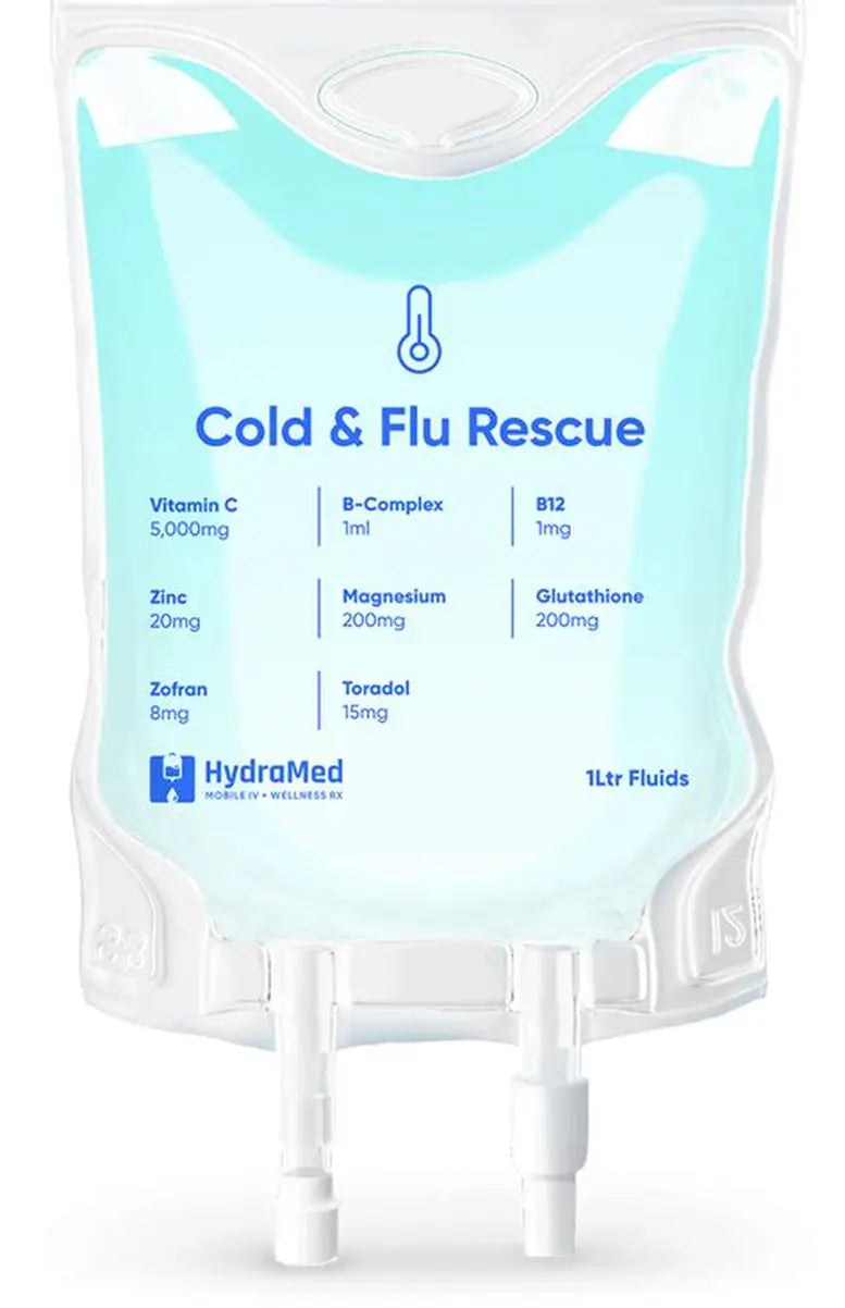 Cold and flu rescue IV bag with vitamin C, B-complex, magnesium, zinc, and fluids