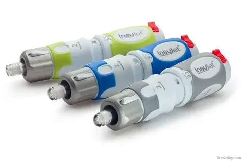 Three Insujet needle-free injectors for medication delivery, shown in green, blue, and gray.
