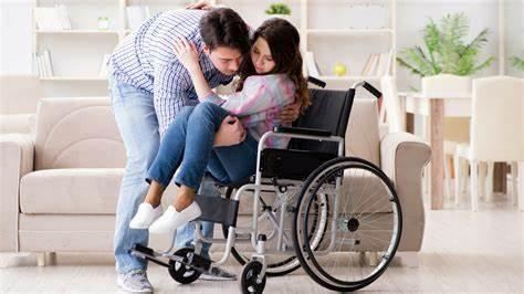 Man assisting woman in a wheelchair in a home setting, mobility aid, home care supplies