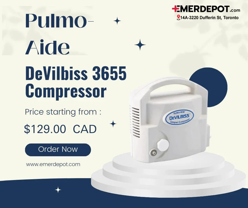 DeVilbiss 3655 Pulmo-Aide compressor nebulizer with price and order details on display.
