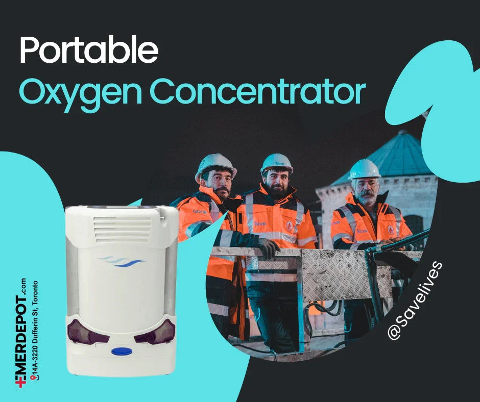 Portable oxygen concentrator device with three construction workers in safety gear at night