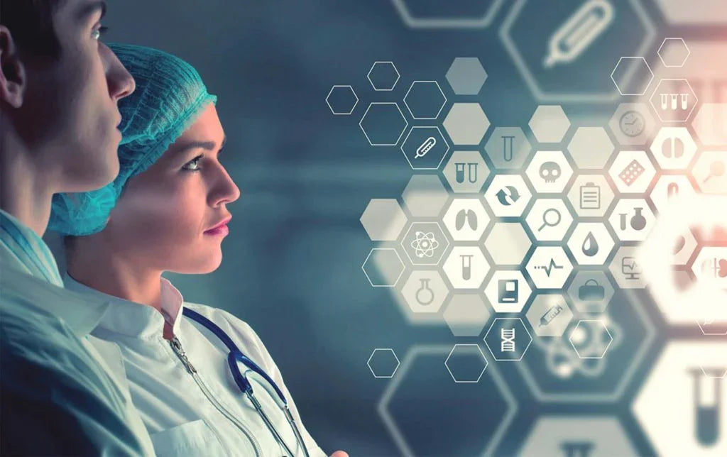 Medical professionals analyzing healthcare data with digital medical icons overlay