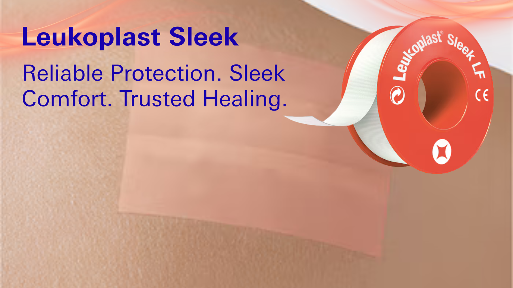 Leukoplast Sleek medical tape roll and adhesive strip on skin, highlighting wound protection
