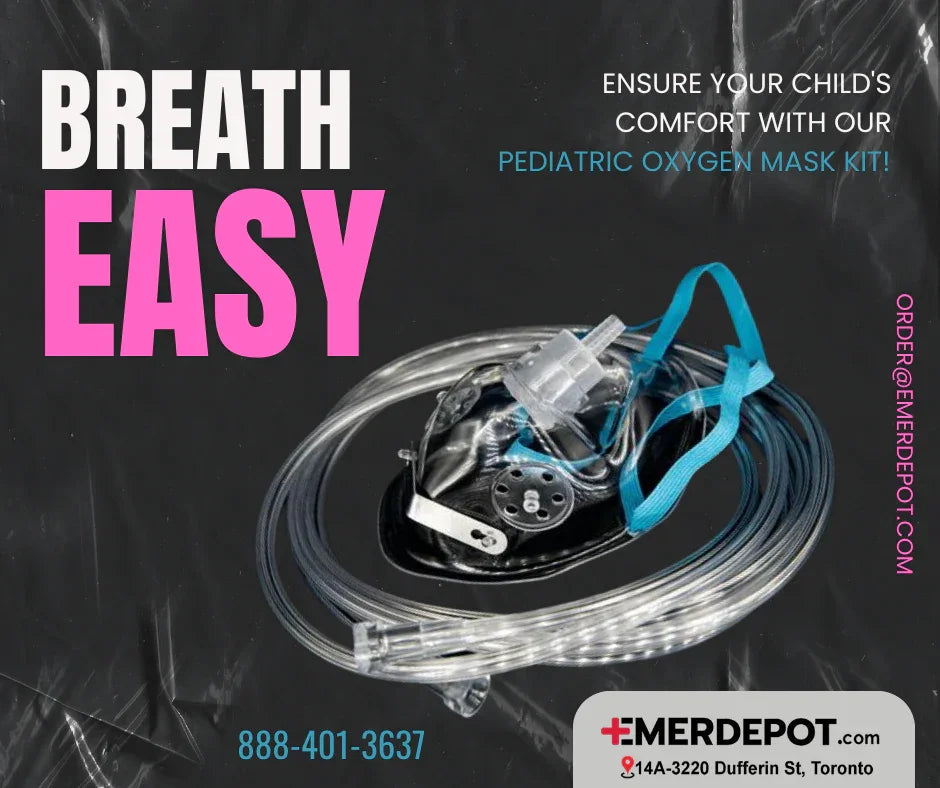 Pediatric oxygen mask kit with tubing and blue straps on black background for child respiratory care.
