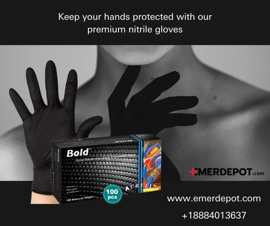 Hand wearing black nitrile gloves holding Aurelia Bold box, premium medical exam gloves.