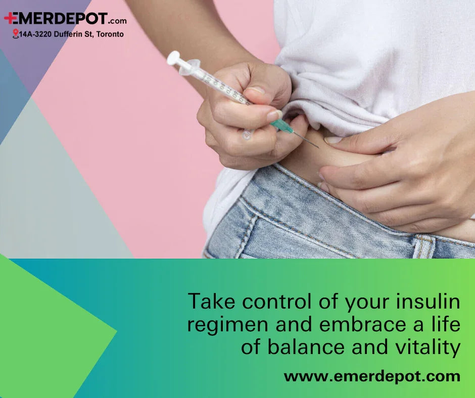 Person injecting insulin into abdomen, diabetes management concept, medical supplies banner