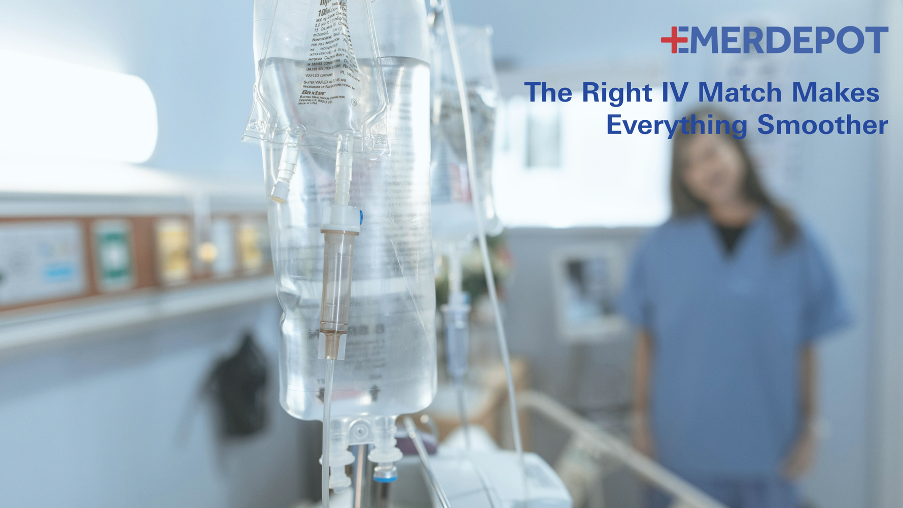 IV saline bags hanging in a hospital room with a nurse in blue scrubs in the background