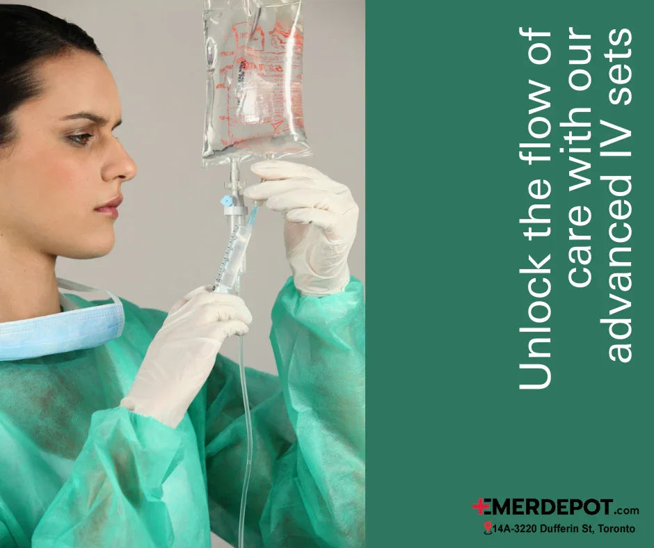 Healthcare worker adjusting IV set, wearing gloves and green gown, intravenous therapy concept