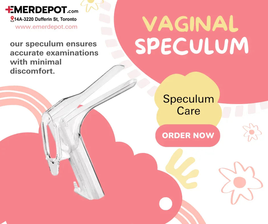 Clear vaginal speculum for medical examinations with pastel background and order now button.