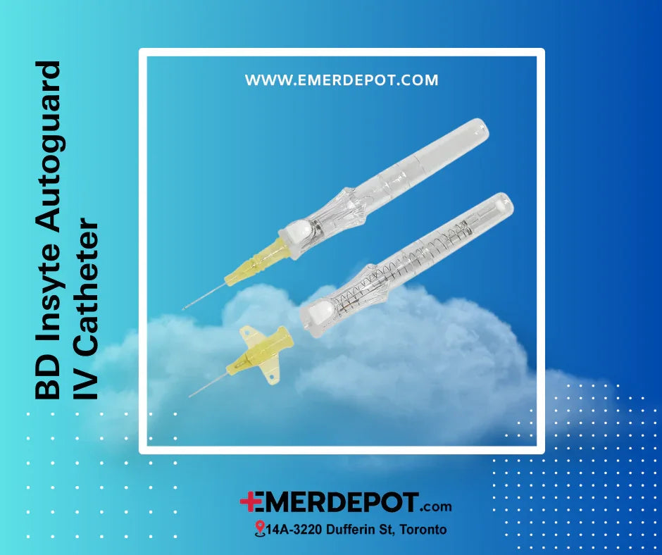 BD Insyte Autoguard IV catheters with clear housings and yellow safety shields on a blue background.
