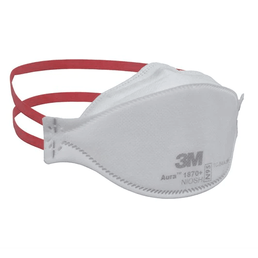 White 3M Aura 1870+ N95 medical respirator mask with red headbands