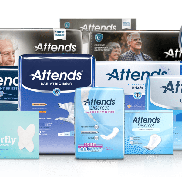 Variety of Attends adult briefs and bladder control pads, incontinence care products lineup