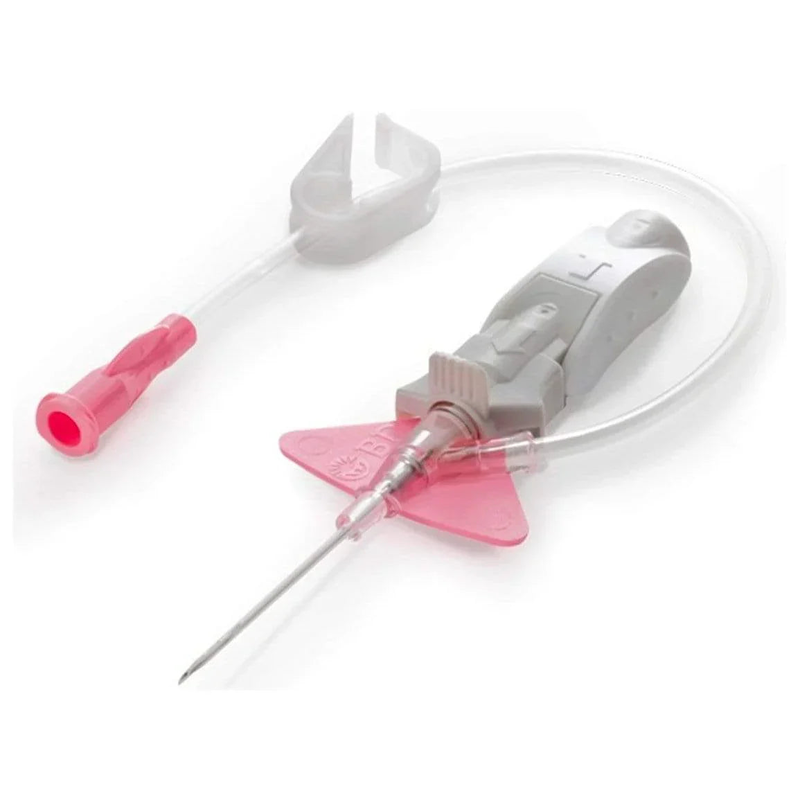 Pink and gray IV catheter with safety needle and tubing for medical use
